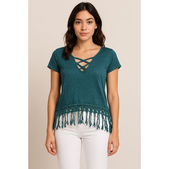 Rue 21 Crop Top Shirt Tassel Dark Teal Cap Sleeves Junior's WOMEN'S EXTRA SMALL - Picture 12 of 12